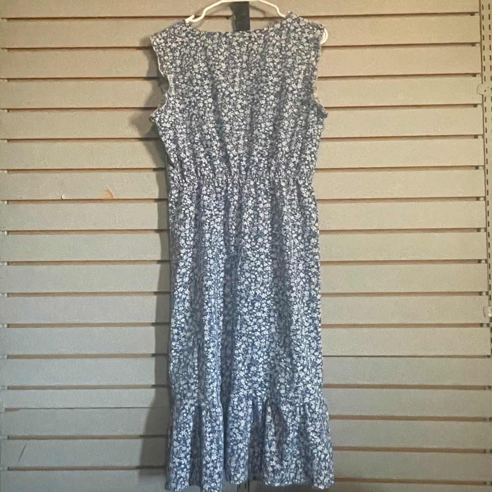 Blue Ditsy Floral Sleeveless Midi Dress Ruffle Hem Elastic Waist Boho Summer